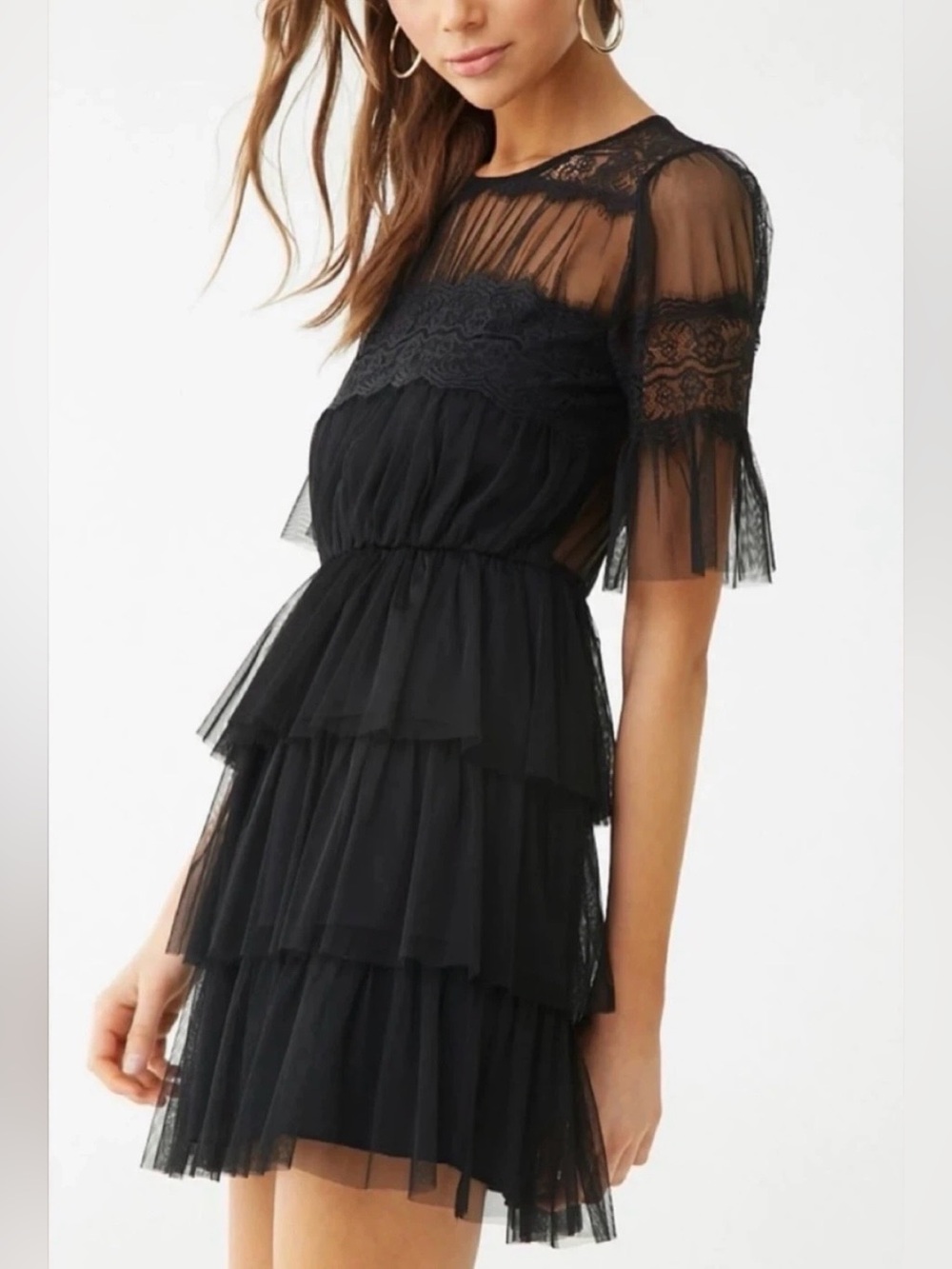Forever 21 Y2K Black Mesh Lace-Trim Tiered Pleated Mini Shirt Dress